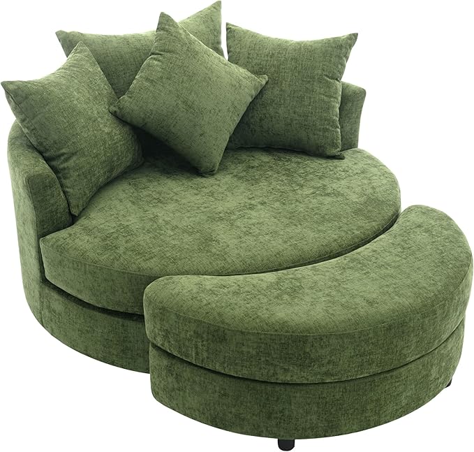 ERYE Oversized Round Accent Barrel Chair with Storage Ottoman and 360 Swivel Base Modern Chenille Upholstered Leisure Recliner Armchair for Living Room Bedroom