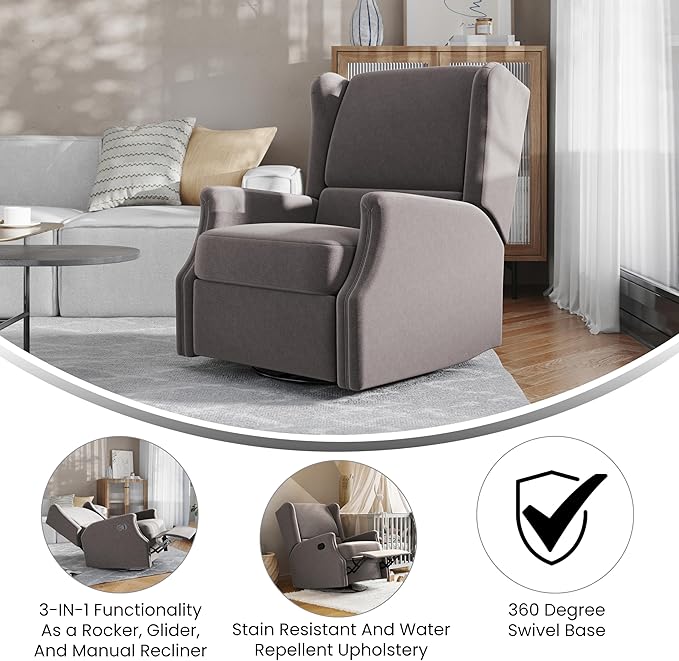 Flash Furniture Omma Swivel Glider Rocking Recliner Manual Wingback Recliner with 360 Degree Swivel for Living Room Bedroom or Nursery Upholstered Dark Gray