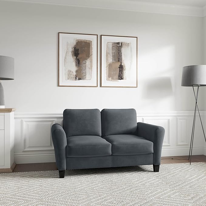 Studio Living Watford 57.9 Loveseat Traditional Style Pocket Coil Comfort Black Legs Microfiber Fabric Dark Gray