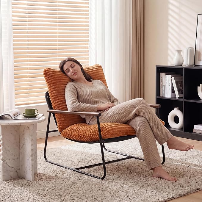 COSIEST Accent Chair for Living Room Modern Armchair with Wood Arms Retro Ribbed Upholstered Lounge Chair with Black Metal Frame Comfy Reading Chair for Bedroom Office Brown