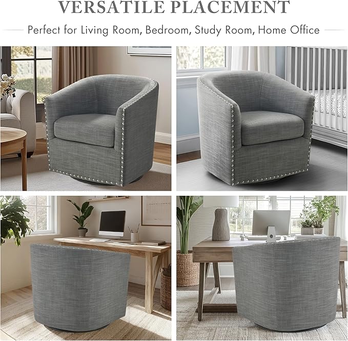 Madison Park Swivel Barrel Accent Chair Upholstered Curved Back with 7-Inch Thick Woven Cushion 360° Swivel Nailhead Trim Comfy Chair for Living Room Bedroom Office 28 Wide Grey Tyler