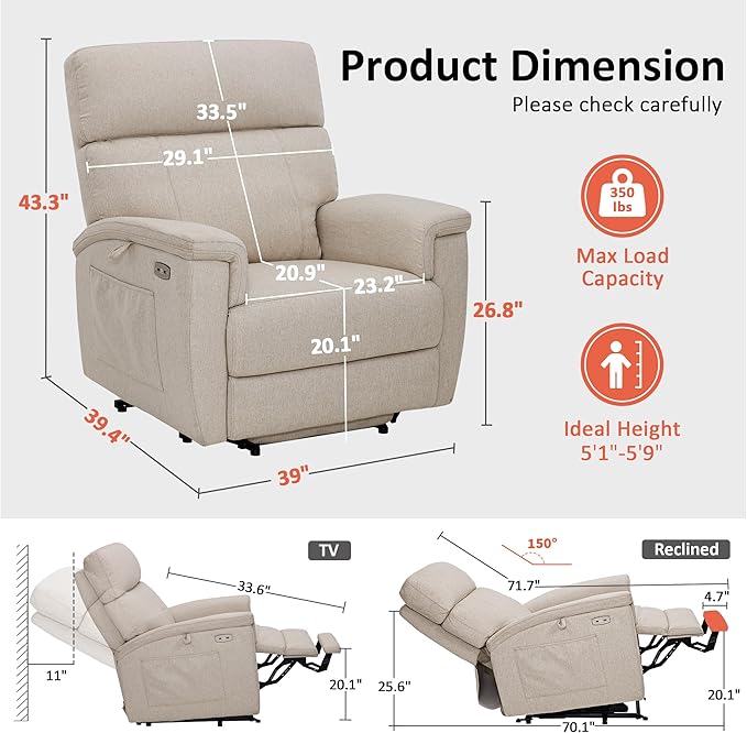 MCombo Power Lift Recliner Chair with Massage and Dual Heating Adjustable Headrest Extended Footrest for Elderly People Fabric R7605 (Beige)