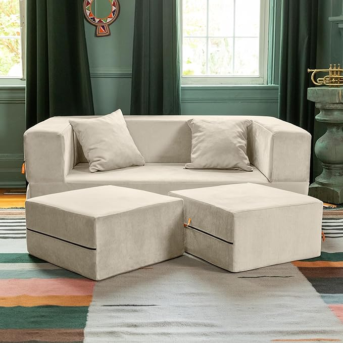 Jaxx Zipline Convertible Sleeper Loveseat &amp Ottomans Textured Microvelvet - Ivory