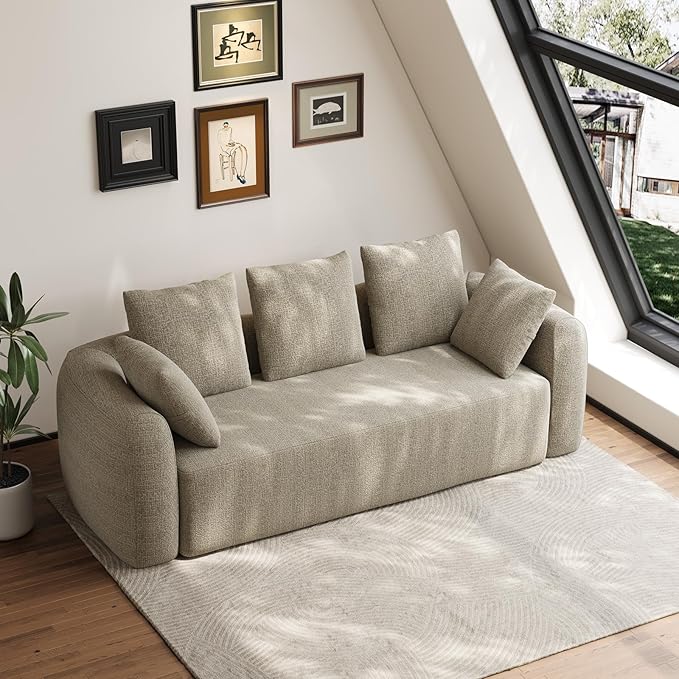 101 Curved Sofa Cloud Couch for Living Room Comfy Chenille 3-Seater Boneless Sofa Extra Deep &amp Wide Seat with 5 Throw Pillows No Assembly Needed Camel