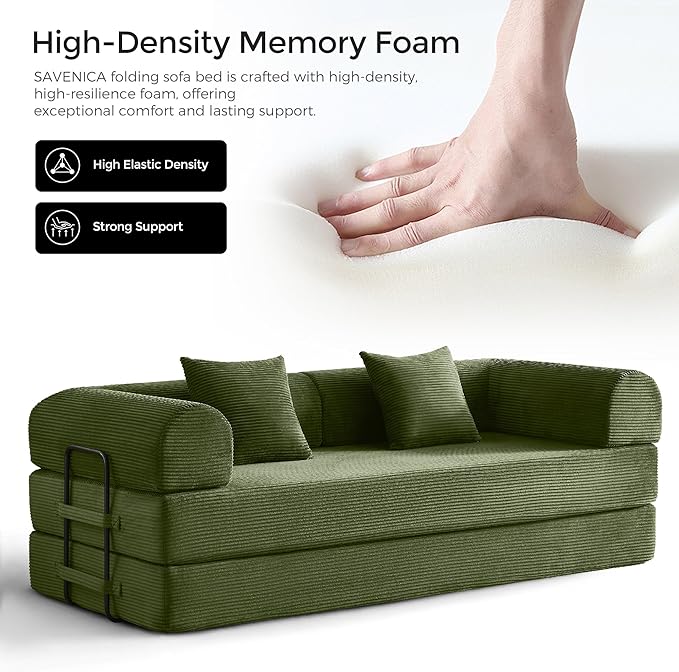 79 Convertible Sofa Bed with Fixed-Shape Frame &amp Removable Armrests Modular Corduroy Sleeper Sofa Folding Mattress Couch for Small Spaces - No Assembly Needed in Green (Includes 2 Pillows)