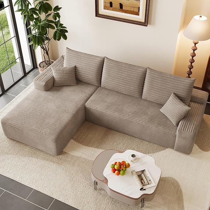 95 Modular Sectional Couch Boneless L Shaped Cloud Sofa with Chaise Lounge Corduroy Upholstered Couches Memory Foam Deep Seat No Assembly Required Ideal for Living Room(Camel Left Facing)