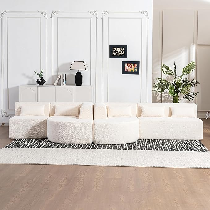 144 Upholstered Sofa Free-Combined Sofa Couch with Two Chaise Lounge and Five Back Pillows for Living Room (Beige@50)