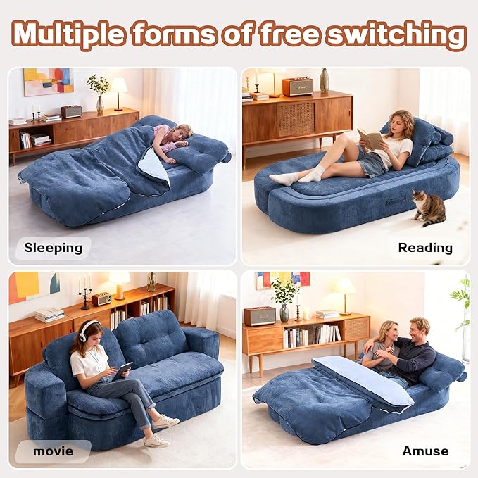Modern Floor Sofa with 2 PillowsConvertible Chenille Foam-Filled Sleeper Sofa Bed no Assembly RequiredConvertible Sofa Couch BedFolding Mattress for Living Room (Chenille Dark Blue)