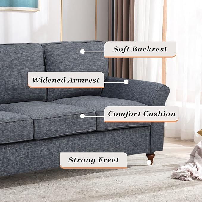 EBELLO Modern Linen Fabric Loveseat Sofa Upholstered 2-seat Sofa Couch Wood Frame and Sturdy Legs for Living Room Bedroom Office Dark Blue