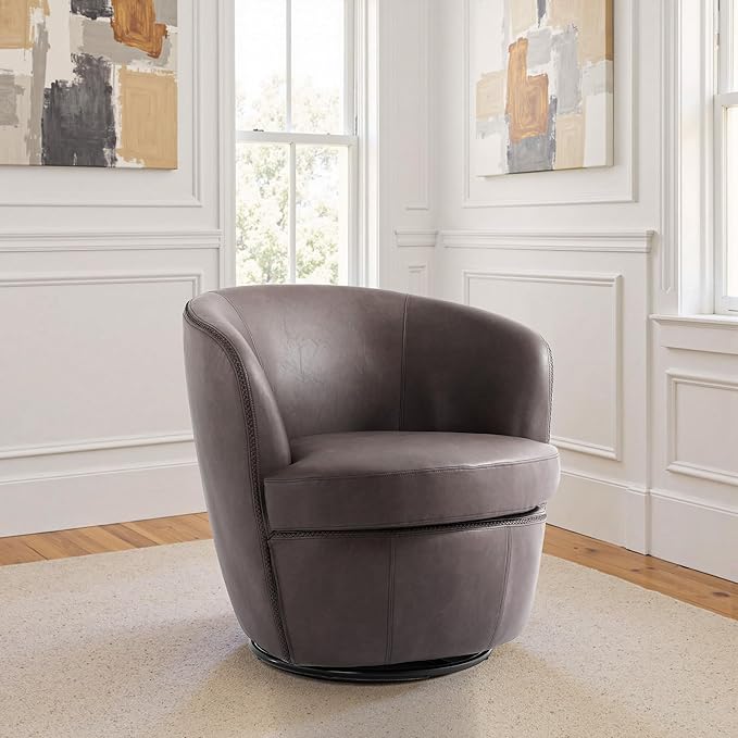 Swivel Barrel Chair Modern Round PU Leather Accent Armchair for Living Room Bedroom Comfy Club Reading Chairs for Adults (Leather Chocolate Set of 2)