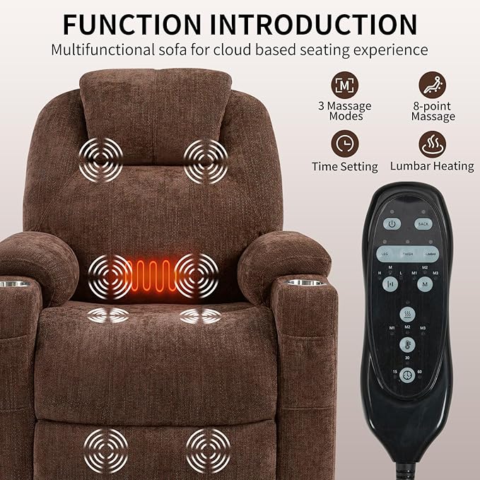Chenille Electric Power Lift Recliner Chair Massage Single Sofa with Vibration Massage and Lumbar Heating Ergonomic Lounge Couch with Cup Holders and USB Charge Port for Living Room (Brown)