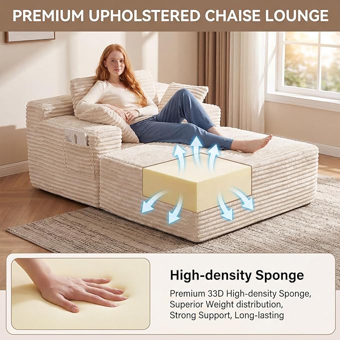 Boneless Chaise Lounge Chair Indoor with Ottoman 67 Inch Oversized Corduroy Couch Compressed Sofa Bed Couches for Living Room Bedroom Guest Room No Assembly Required Off-White