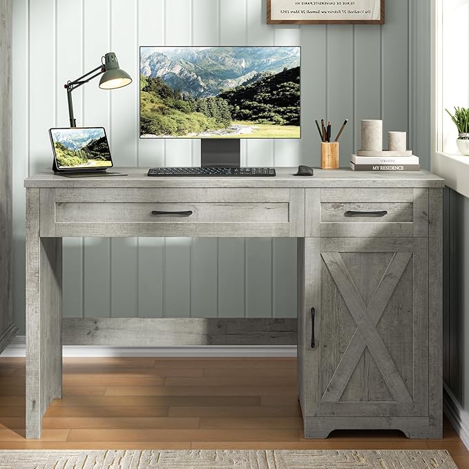 Vabches Farmhouse 51 Executive DeskComputer Desk with Drawers and Storage Cabinet Workspace for Home Office and Study.Grey