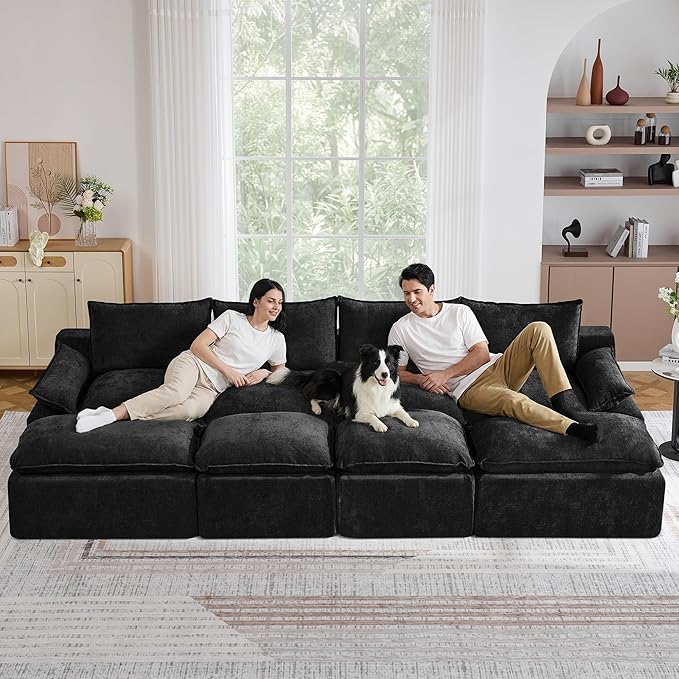 138 4 Seat Boneless Couch with Movable Ottoman Boneless Modular Sectional Sofa Deep Seat Modern Sleeper Sofa Bed for Living Room Cloud Modular Sectional Couch 4 Seat Chenille Chaise Lounge Black