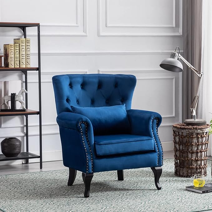 Accent Reading Arm Chairs Set of 2 for Living Room Bedroom Midcentury Modern Comfy Corner Sofa Chair Wingback Waiting Room Club Chair with Button Tufted Back &ampLumbar Pillow Velvet Blue