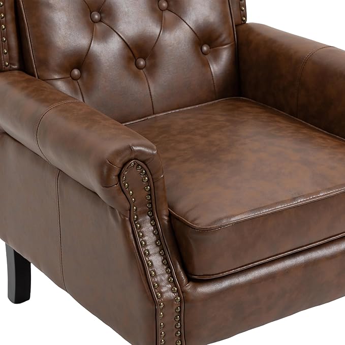 Bellemave Mid Century Wingback Chair PU Leather Button Tufted Upholstered Accent Armchair with Wood Legs Modern Living Room Chairs with High Back Leisure Single Sofa Chair for BedroomClub（Brown）