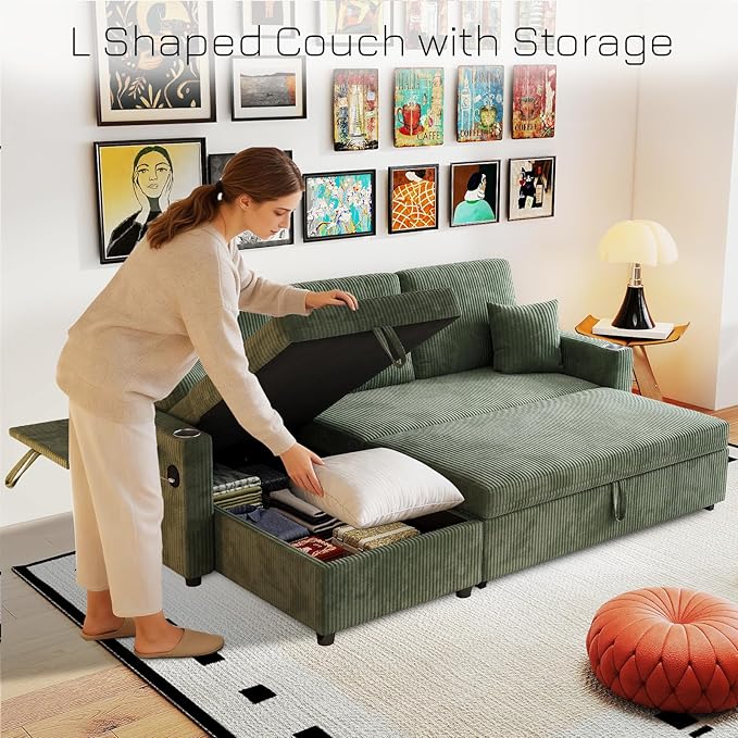 Rovibek 83 Convertible Sofa Bed Couch with Storage &amp USB Port – 4 in 1 L Shaped Sofa with Pull Out Couch Bed Side Table Cup Holder for Living Room Apartment Office Small Spaces Green