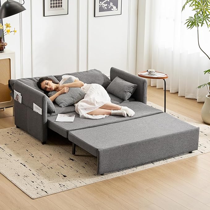 Furnimart 62 Queen Sleeper Sofa 3 in 1 Convertible Loveseat Sleeper Pull Out Sofa Bed with 6-Position Adjustable Backrest Modern Futon Couch for Living Room Apartment RV Linen Dark Grey