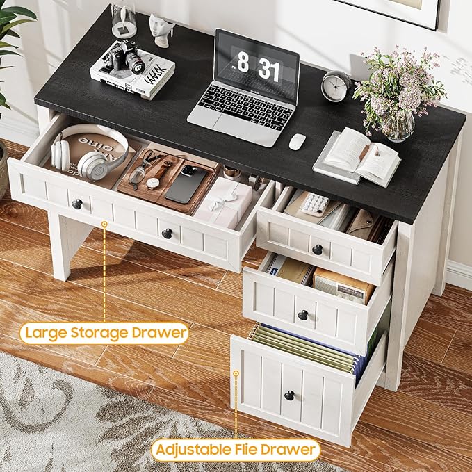 Vabches Farmhouse Executive Desk with 4 Drawers Home Office Desk with File Drawer Wood Computer Desk with Storage Rustic Office Desk for Work Study Writing Black White