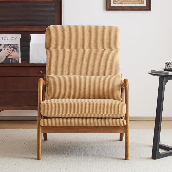 Karl home Mid-Century Modern Accent Chair Living Room Chairs with Pillow High Back Corduroy Upholstered Lounge Armchair with Solid Wood Frame &amp Soft Cushion for Bedroom Reading Room Khaki