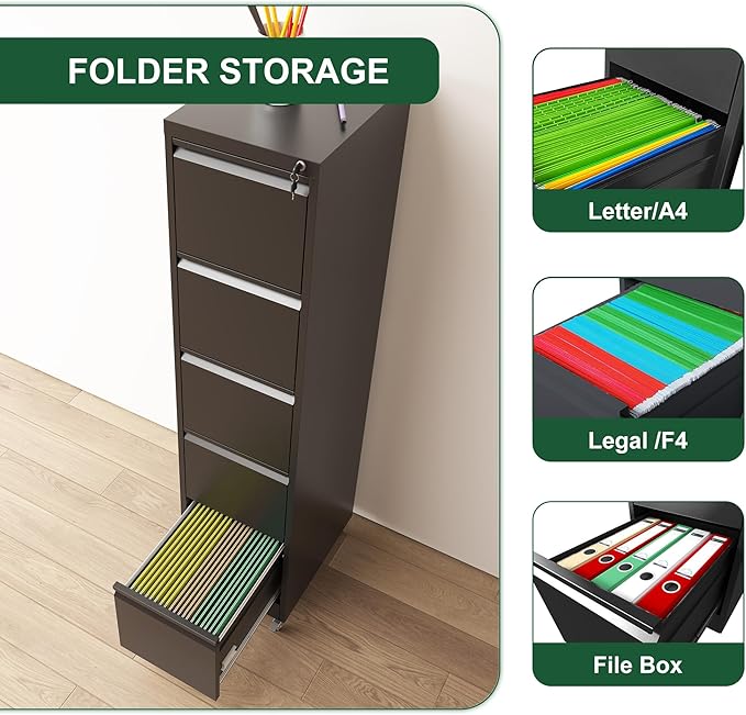 5 Drawer Small File Cabinet with Lock on Wheels Under Desk Storage Cabinet Organizer for Home Office Heavy Duty Filing Cabinets for A4 Letter Legal Size FilesBlack