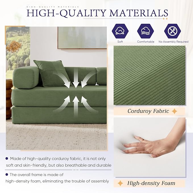 Convertible Folding Sofa Bed Corduroy Sleeper Mattress Couch with Fixed-Shape Frame Free Combination Loveseat Lounge Floor Sofa Queen Size Memory Foam Couch for Living Room Bedroom Dark Green