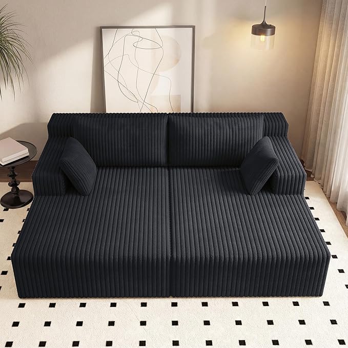 71'' Oversized Double Chaise Lounges Indoor Cloud Upholstered Boneless Couch Bed Deep Seat No Assembly Required Modern Corduroy Sleeper Loveseat Chair for Living Room Bedroom Reading (Black) | Bre