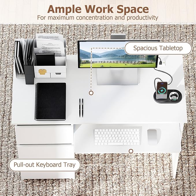 GOFLAME Computer Desk with 3 Drawers &amp Charging Station 42” Home Office Desk with Storage &amp Keyboard Tray Writing Desk PC Workstation Vanity Table (White)
