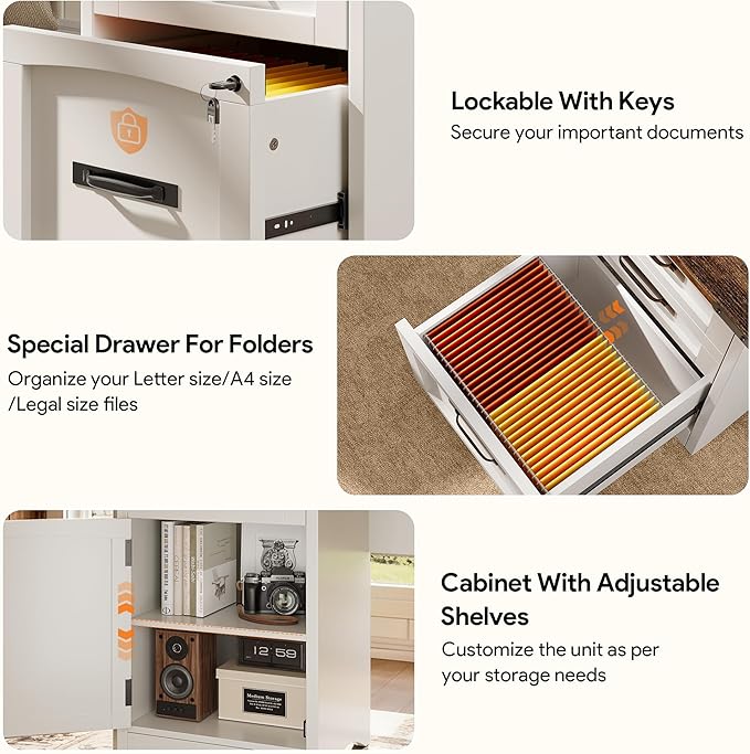 L Shaped Farmhouse Executive Desk with Drawers 67 Home Office Desks with Fast Charging Station Lockable File Cabinet Wood Writing Computer Desk for Work Study White