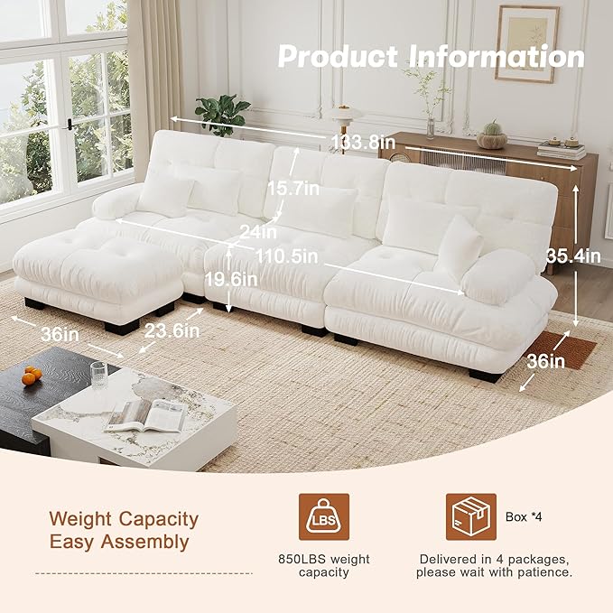 133.8'' Sectional Couches for Living Room Memory Foam Chenille Cloud Couch Round Arm Deep Seat L Shaped Couch Sofa with Pillow and Ottoman