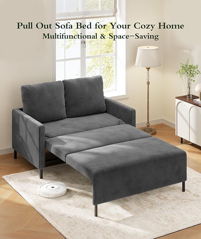 Corduroy Convertible Sofa Bed 47 Loveseat Sleeper Sofa Pull out Couch 618lbs Capacity Modern Sleeper Couch Bed 2 Fluffy Pillows Included Small Couches for Small Spaces/Apartment/Office Grey