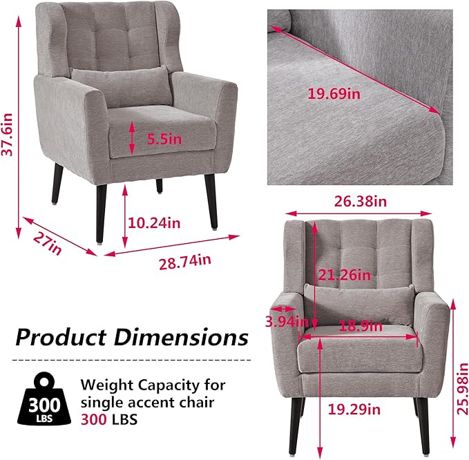 Modern Accent Chair Chenille Fabric Upholstered Tufted Side Chair Wingback ChairMid Century Reading Armchair with Waist Pillow Backrest for Living Room Bedroom (Grey)