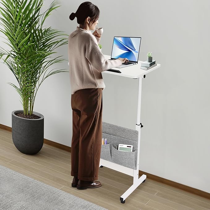 Movable Standing Desk Adjustable Height&ampAngle Rolling Computer Stand Laptop Podium Desk Lectern Portable Tilting Top Mobile Standing Lifting Desk for Office Classroom School (White w/ Storage B