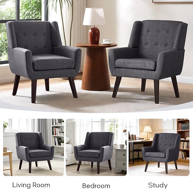 HUIMO Accent Chair Living Room Chair Upholstered Button Tufted Armchair Linen Fabric Sofa Chairs for Bedroom Living Room Mid Century Modern Comfy Reading Chair (Grey)