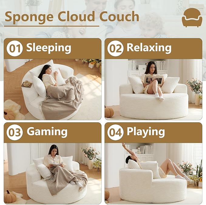 55''L Oversized Round Chaise Longue Chair Indoor Corduroy Sponge Single Sofa Oversized Round Chairs Modern Sleeper Chair for Living RoomProjection Room Wide Armrest Chairs Beige