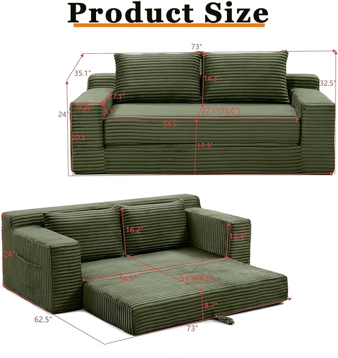 73 Cloud Loveseat Sofa Bed Green - Boneless 2-Seater Couch No Assembly Convertible Folding 2-in-1 Design Small Space Corduroy Memory Foam Floor Lounge Couch for Bedroom Living Room (Green)