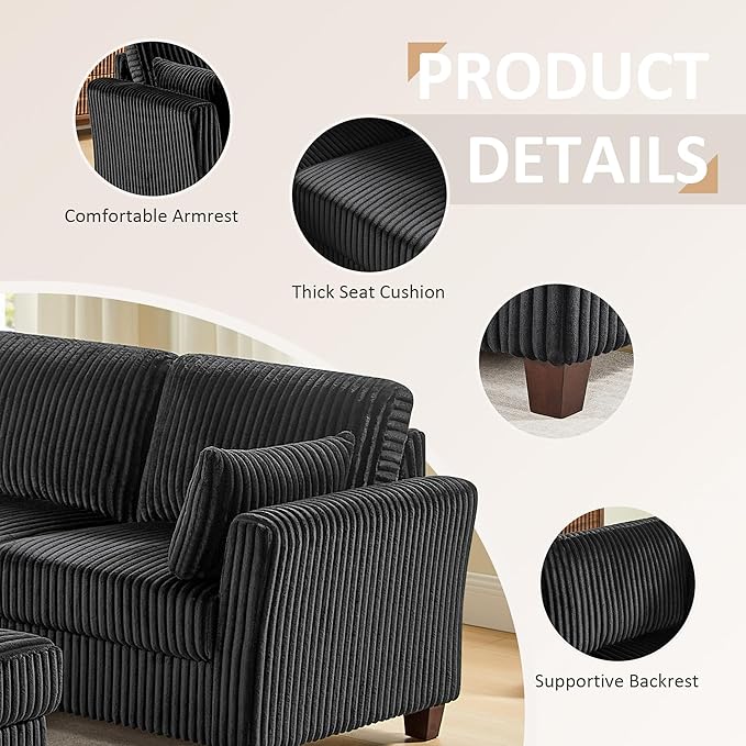 VANOMi Sectional Cloud Modular Sofa Corduroy Fabric L Shape Sofa with Storage OttomanU Shape Sectional Cloud Couch 6-Seat Upholstered Corner Couch for Living Room Charcoal Black | Sectional Cloud