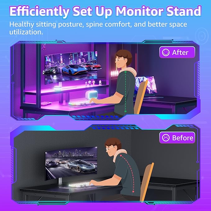 L Shaped Gaming Desk with Shelves - 48 inch Corner Computer Desks with Storage Hutch Shelf Reversible Pegboard Led Lights Power Outlets PC Monitor Stand for Bedroom Black
