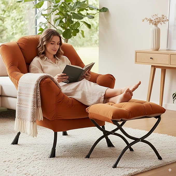LITA Lazy Chair with Ottoman Modern Lounge Accent Chair with Armrests and a Side Pocket Leisure Upholstered Sofa Chairs Set Reading Chairs with Footrest for Small SpaceOrange