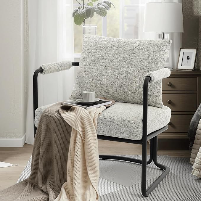 Accent Chairs Set of 2 for Living Room Mid Century Modern Upholstered Reading Armchairs for Bedroom Office with Comfy Chenille Cushion &amp Metal Frame Light Grey