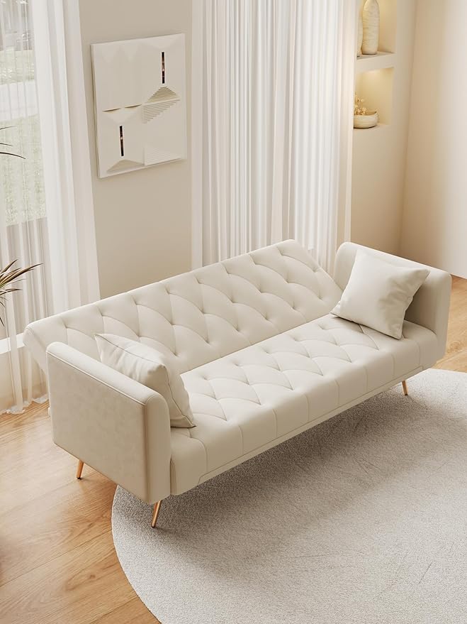 71 Convertible Velvet Futon Sofa Bed Loveseat with Multiple Adjustable BackrestsModern Sleeper Couch with Golden Metal Legs for Living RoomApartmentOfficeBeige
