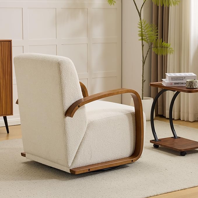 Upholstered 360° Swivel Accent Chair – Solid Wood Curved Arms Mid-Century Modern Design Ergonomic Comfort for Living Room Bedroom Reading Nook Small Single Sofa(Beige)