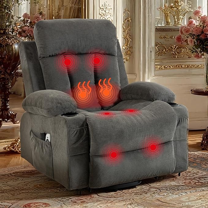 Power Lift Recliner Massage Chair - for Elderly People w/Vibration Massage and Lumbar Heat Recliner Chair Sofa for Adult w/Cup Holder USB Charge Port for Living Room Bedroom Grey