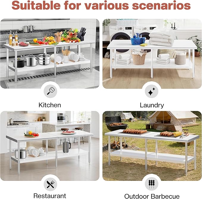 Jocisland 30 x 96 Stainless Steel Table for Prep &amp Work NSF Certified Adjustable Under Shelf and Feet for Commercial Kitchen Restaurant Hotel Garage