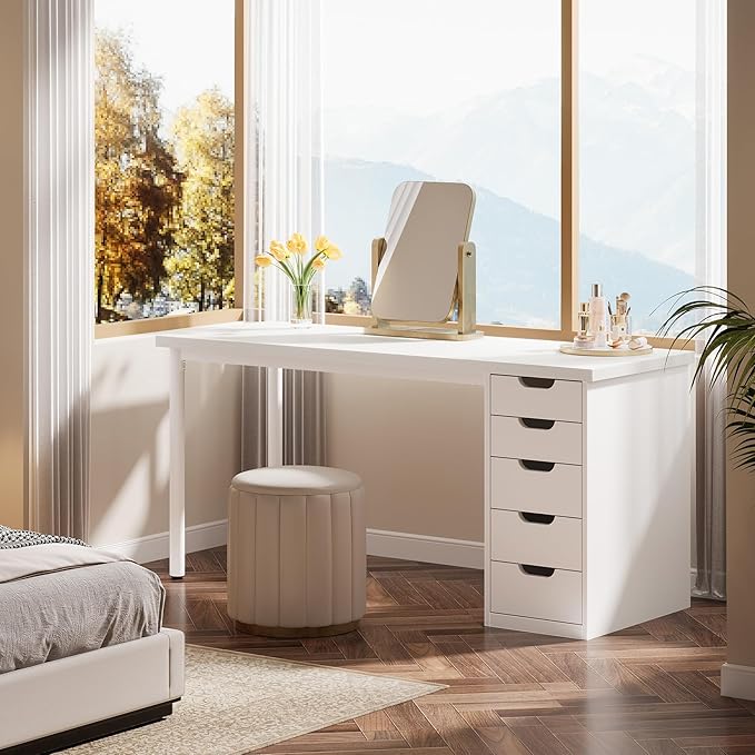 Tribesigns Modern Simple Computer Desk 47 Inches PC Desk with 5 Reversible Drawers Rustic Brown Study Writing Table Workstation for Home Office Small Spaces (All White)