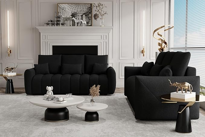 2 Piece Cloud Couch Sofa for Living Room 78 3-Seater Oversized Teddy Sectional Couches with Pillows and Back Cushions Comfy Modern Deep Seat Oversized Sofa for Bedroom Apartment Black