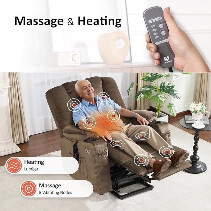 MCombo Oversized Power Lift Recliner Chair Sofa with Massage and Heat for Elderly People Petite USB Ports Side Pockets Fabric R7561 (Brown Small-Oversize)