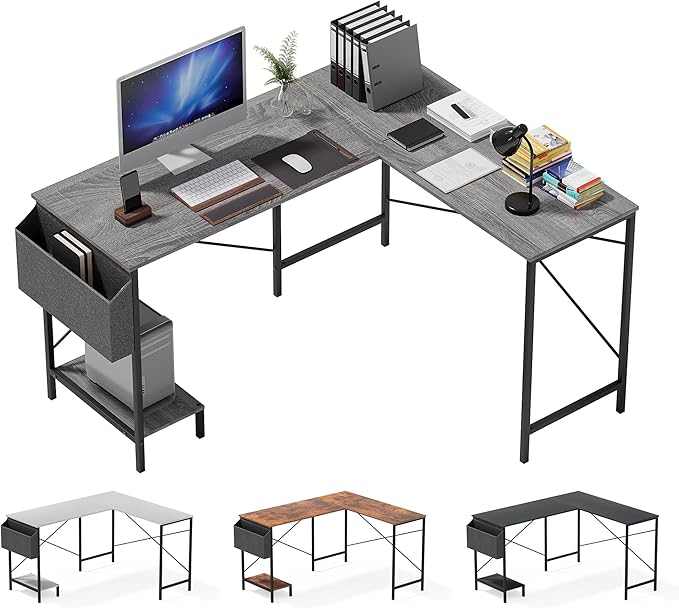 Simple Deluxe L Shaped Desk Gaming Computer 50 Inch Reversible Corner Table PC Work Table for Writing Study Student with Wood Tabletop Metal Frame CPU Stand Side Bag for Home Office Small Place