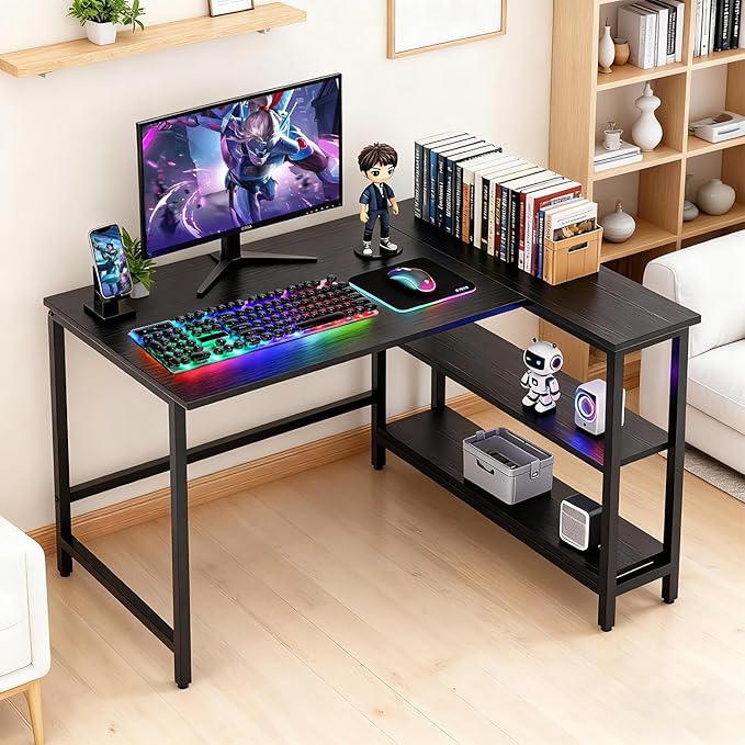 FDW L-Shaped Gaming Desk 43 Inch Computer Desk Corner Desks with Reversible Side Storage Shelves Study Desk Metal Frame PC Work Table for Home Office Dorm Sturdy Writing WorkstationBlack