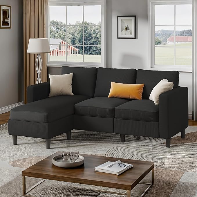 Shintenchi Convertible Sectional Sofa CouchL-Shaped Modular Sofas with Reversible Ottoman3-Seat Upholstered Corduroy Sofa CouchSmall Couches for ApartmentLiving Room and Office(Black)